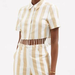 Staud Sands Fringed Cropped Cotton Linen Twill Shirt Pants Set Beige Striped XS